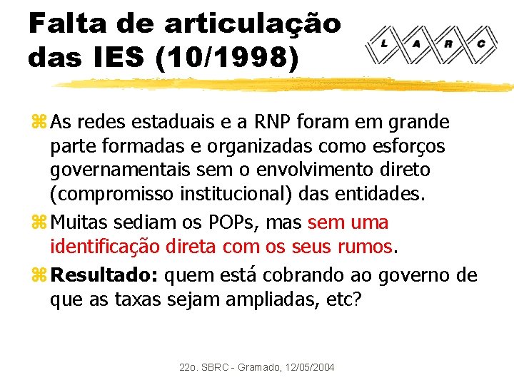 Falta de articulação das IES (10/1998) z As redes estaduais e a RNP foram