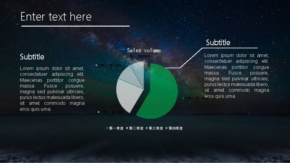 Enter text here Subtitle Sales volume Subtitle Lorem ipsum dolor sit amet, consectetuer adipiscing