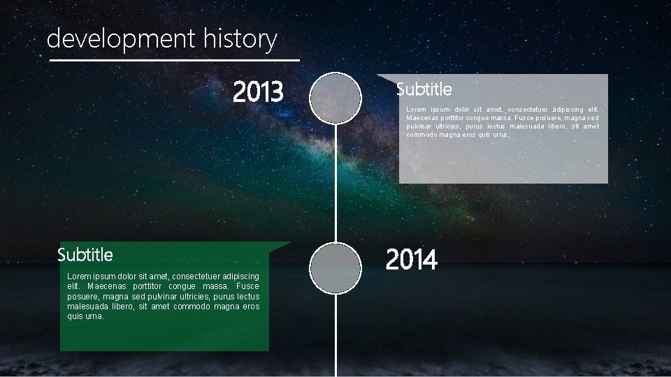 development history 2013 Subtitle Lorem ipsum dolor sit amet, consectetuer adipiscing elit. Maecenas porttitor