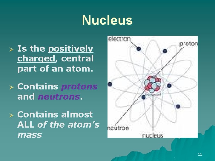 Nucleus Ø Ø Ø Is the positively charged, central part of an atom. Contains