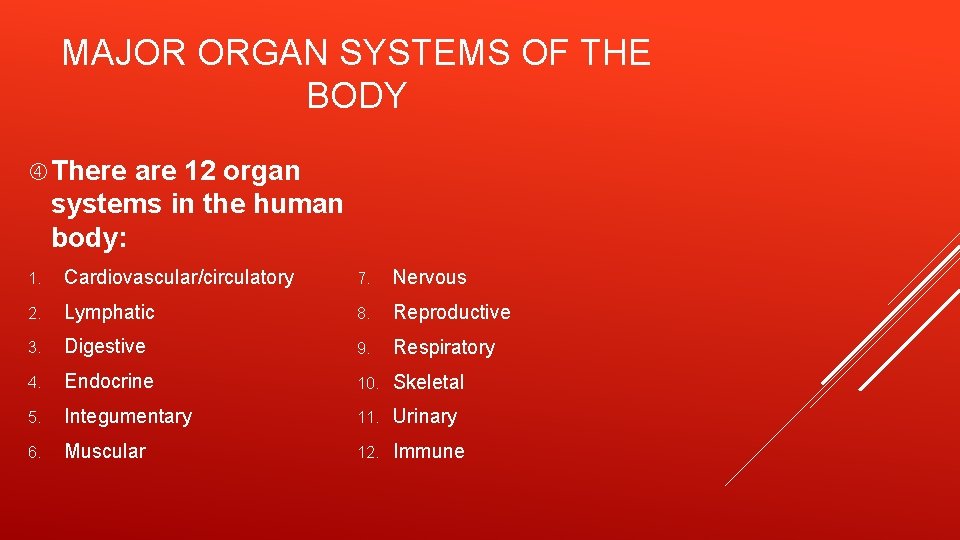 MAJOR ORGAN SYSTEMS OF THE BODY There are 12 organ systems in the human