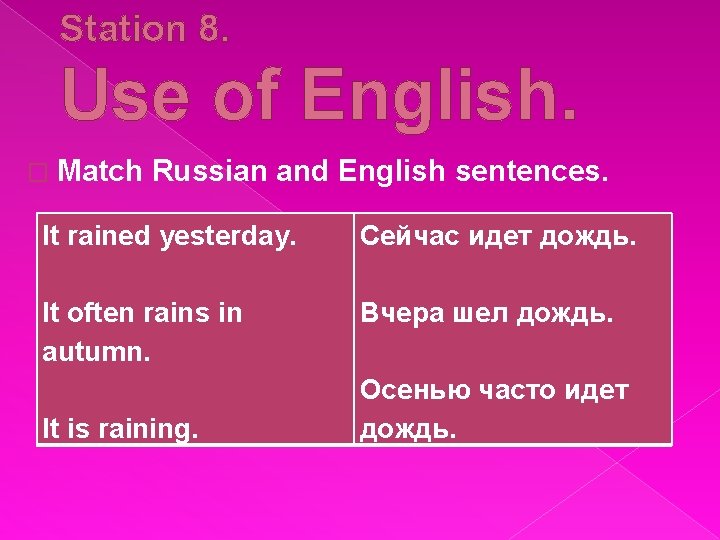 Station 8. Use of English. � Match Russian and English sentences. It rained yesterday.