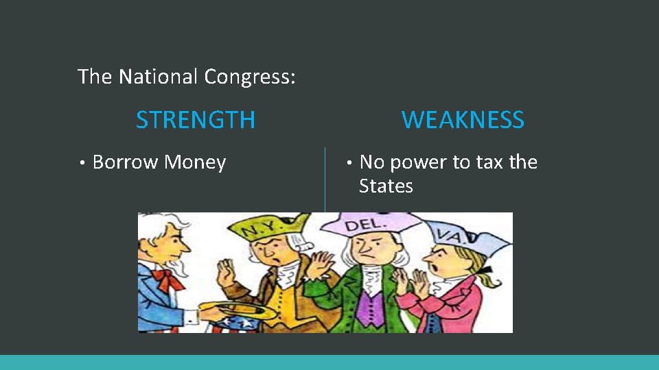 The National Congress: STRENGTH • Borrow Money WEAKNESS • No power to tax the
