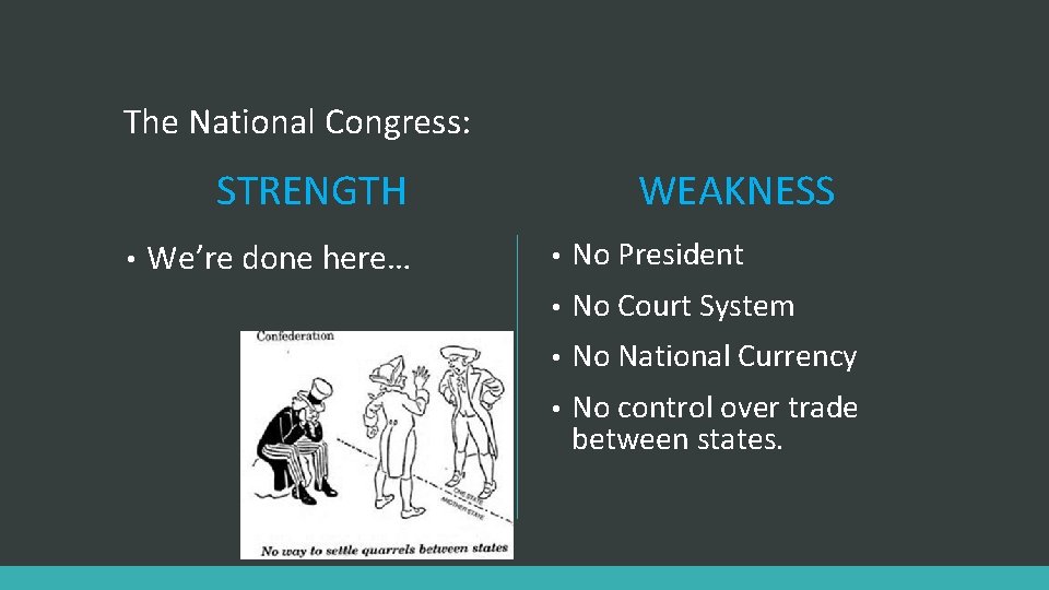 The National Congress: STRENGTH • We’re done here… WEAKNESS • No President • No