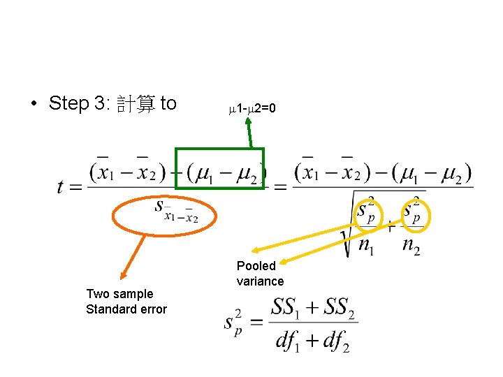  • Step 3: 計算 to Two sample Standard error 1 - 2=0 Pooled