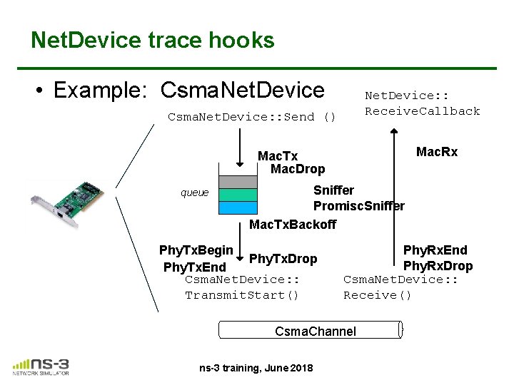 Net. Device trace hooks • Example: Csma. Net. Device: : Receive. Callback Csma. Net.