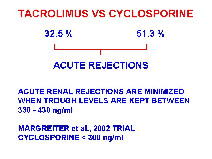 TACROLIMUS VS CYCLOSPORINE 32. 5 % 51. 3 % ACUTE REJECTIONS ACUTE RENAL REJECTIONS