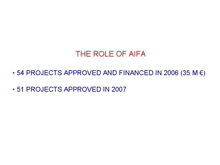 THE ROLE OF AIFA • 54 PROJECTS APPROVED AND FINANCED IN 2006 (35 M