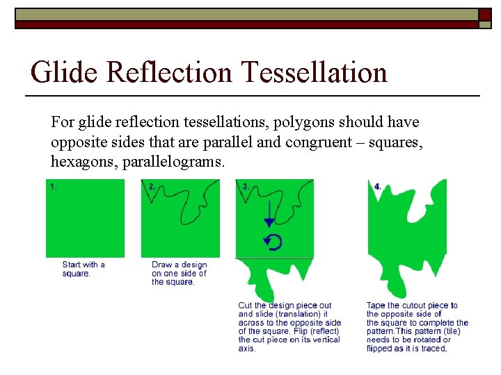 Glide Reflection Tessellation For glide reflection tessellations, polygons should have opposite sides that are