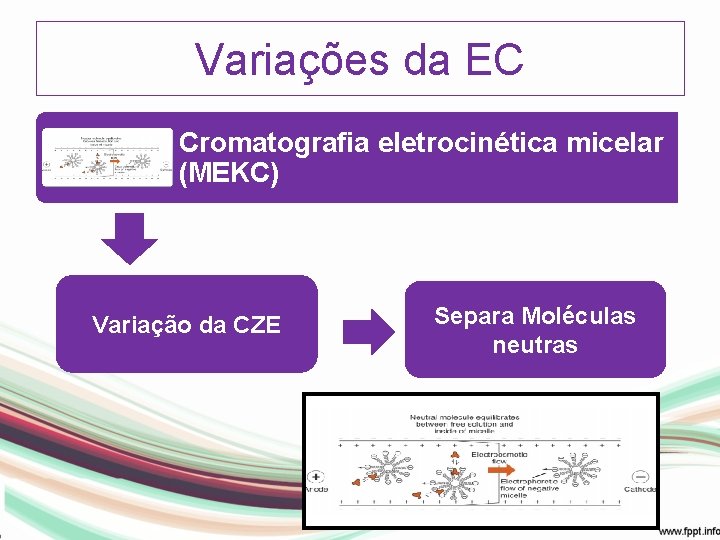 Variações da EC Cromatografia eletrocinética micelar (MEKC) Variação da CZE Separa Moléculas neutras 