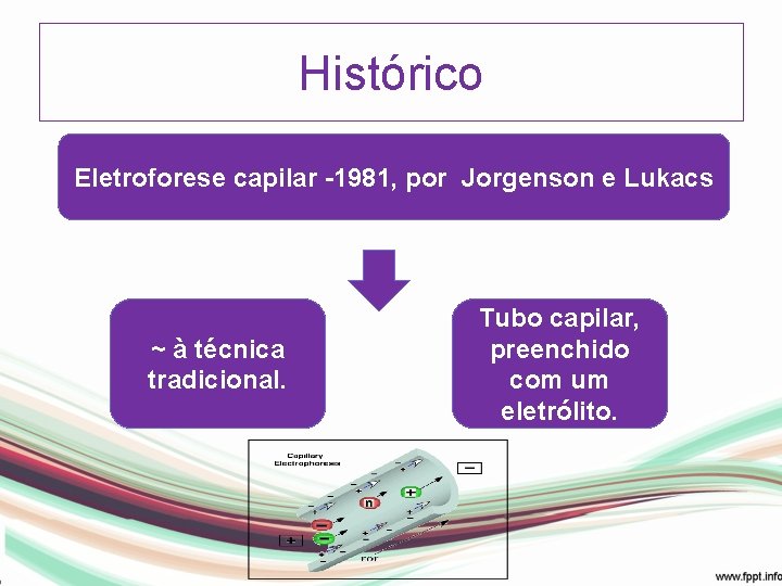 Histórico Eletroforese capilar -1981, por Jorgenson e Lukacs ~ à técnica tradicional. Tubo capilar,