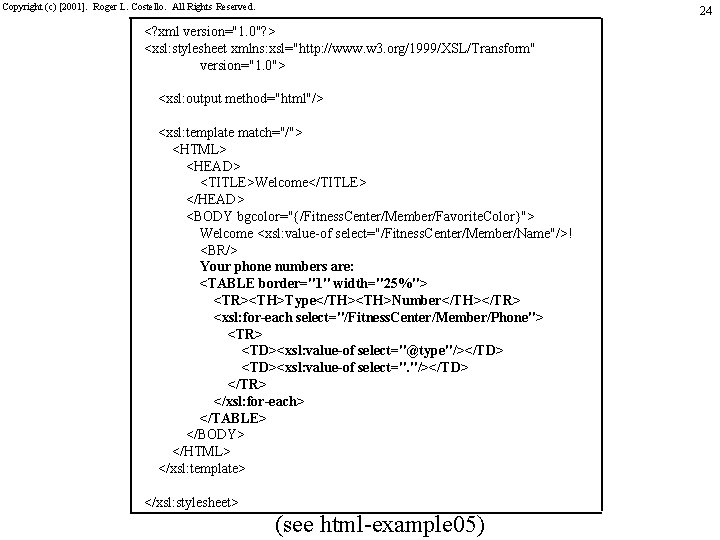 Copyright (c) [2001]. Roger L. Costello. All Rights Reserved. 24 <? xml version="1. 0"?
