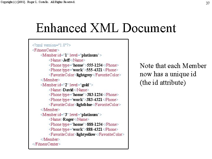 Copyright (c) [2001]. Roger L. Costello. All Rights Reserved. 37 Enhanced XML Document <?