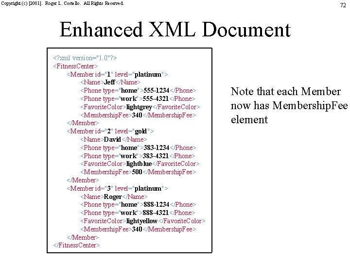 Copyright (c) [2001]. Roger L. Costello. All Rights Reserved. 72 Enhanced XML Document <?