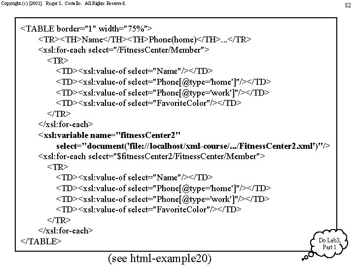 Copyright (c) [2001]. Roger L. Costello. All Rights Reserved. 82 <TABLE border="1" width="75%"> <TR><TH>Name</TH><TH>Phone(home)</TH>.