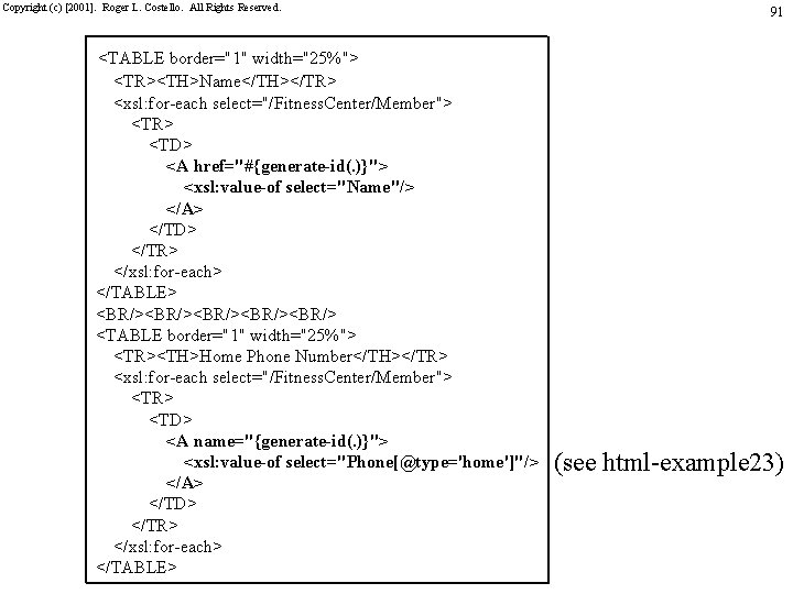 Copyright (c) [2001]. Roger L. Costello. All Rights Reserved. <TABLE border="1" width="25%"> <TR><TH>Name</TH></TR> <xsl: