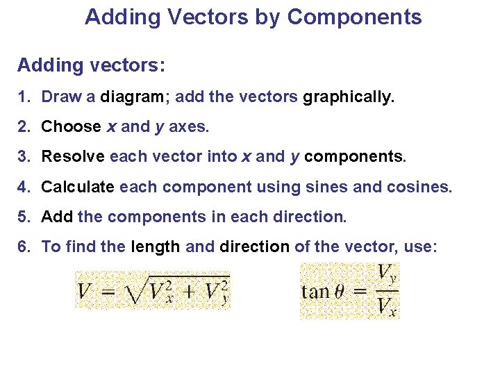 Adding Vectors by Components Adding vectors: 1. Draw a diagram; add the vectors graphically. Adding Vectors by Components Adding vectors: 1. Draw a diagram; add the vectors graphically.