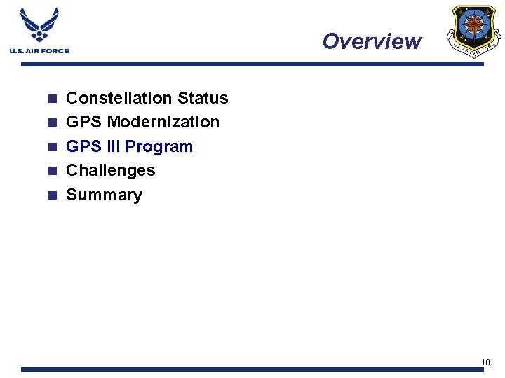 Overview n n n Constellation Status GPS Modernization GPS III Program Challenges Summary 10