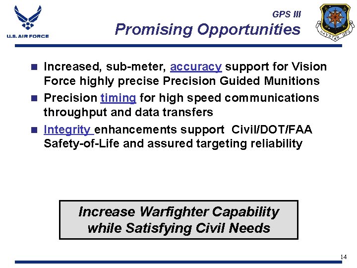 GPS III Promising Opportunities Increased, sub-meter, accuracy support for Vision Force highly precise Precision