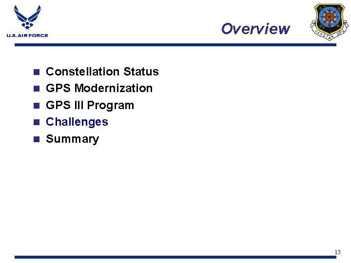 Overview n n n Constellation Status GPS Modernization GPS III Program Challenges Summary 15