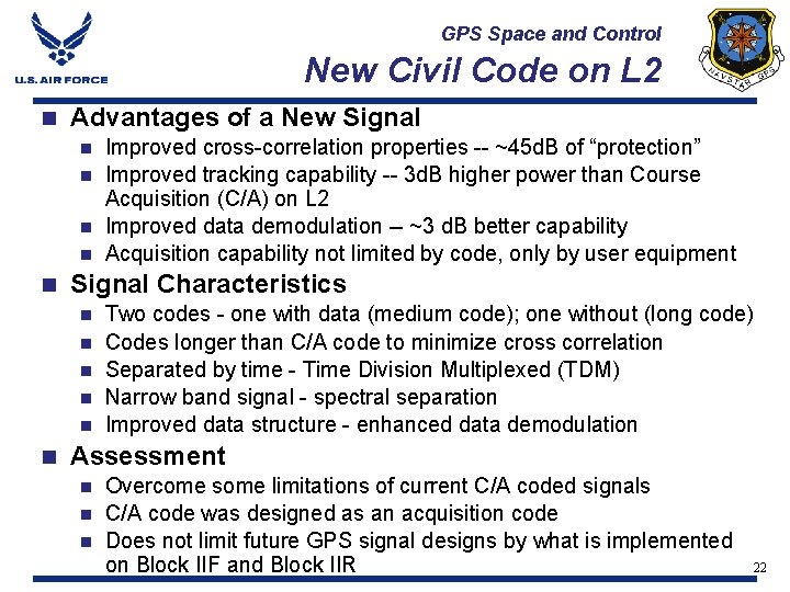 GPS Space and Control New Civil Code on L 2 n Advantages of a