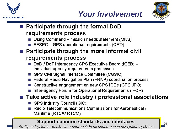 Your Involvement n Participate through the formal Do. D requirements process Using Command –