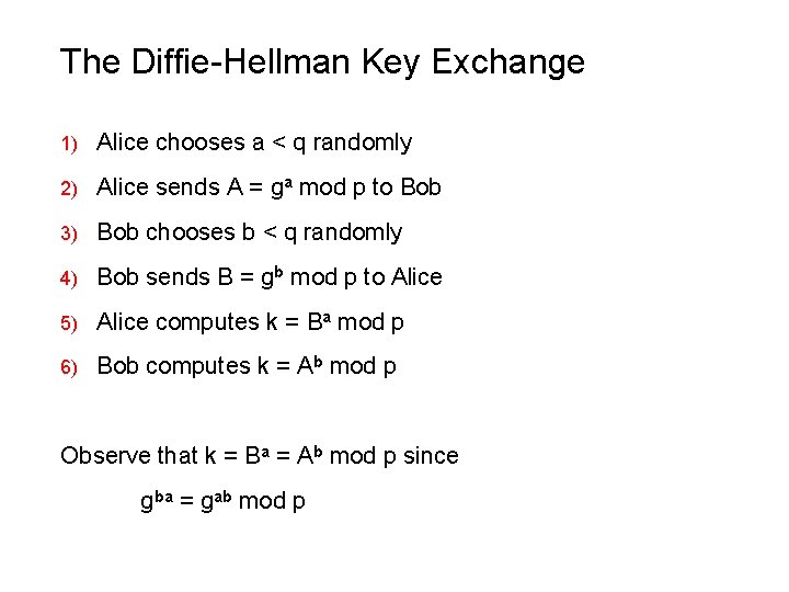 The Diffie-Hellman Key Exchange 1) Alice chooses a < q randomly 2) Alice sends