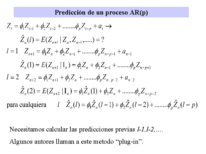 Predicción de un proceso AR(p) Necesitamos calcular las predicciones previas l-1, l-2, …. Algunos