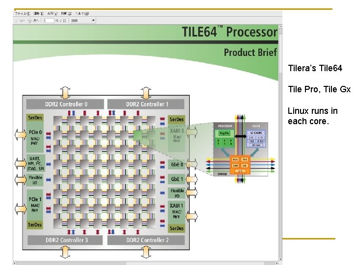 Tilera’s Tile 64 Tile Pro, Tile Gx Linux runs in each core. 