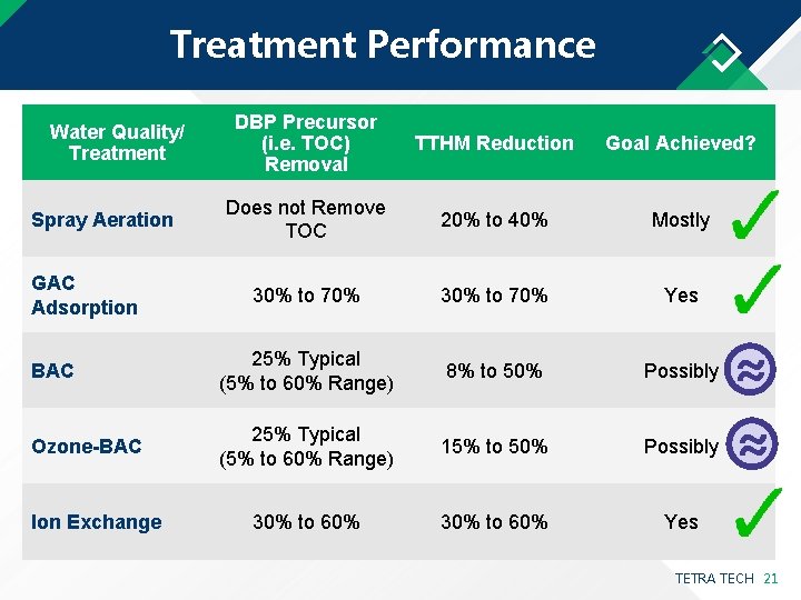 Treatment Performance DBP Precursor (i. e. TOC) Removal TTHM Reduction Goal Achieved? Does not