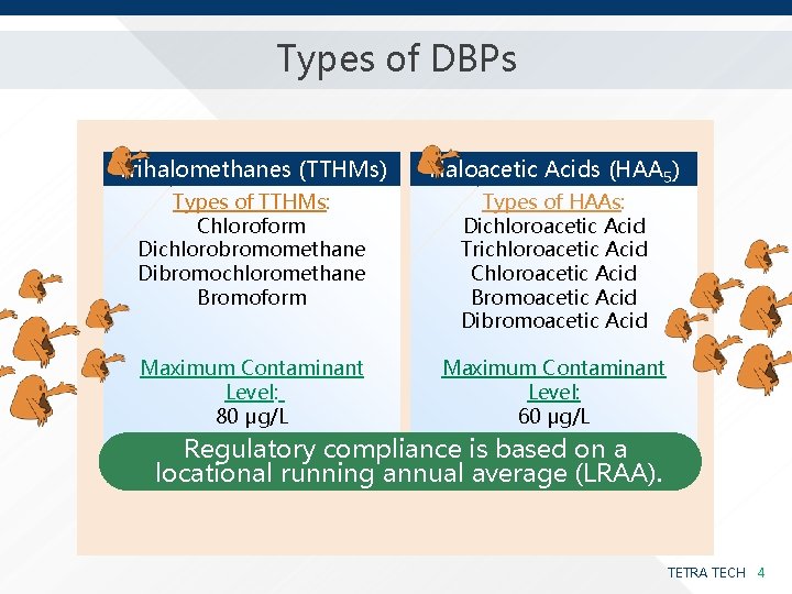 Types of DBPs Trihalomethanes (TTHMs) Haloacetic Acids (HAA 5) Types of TTHMs: Chloroform Dichlorobromomethane