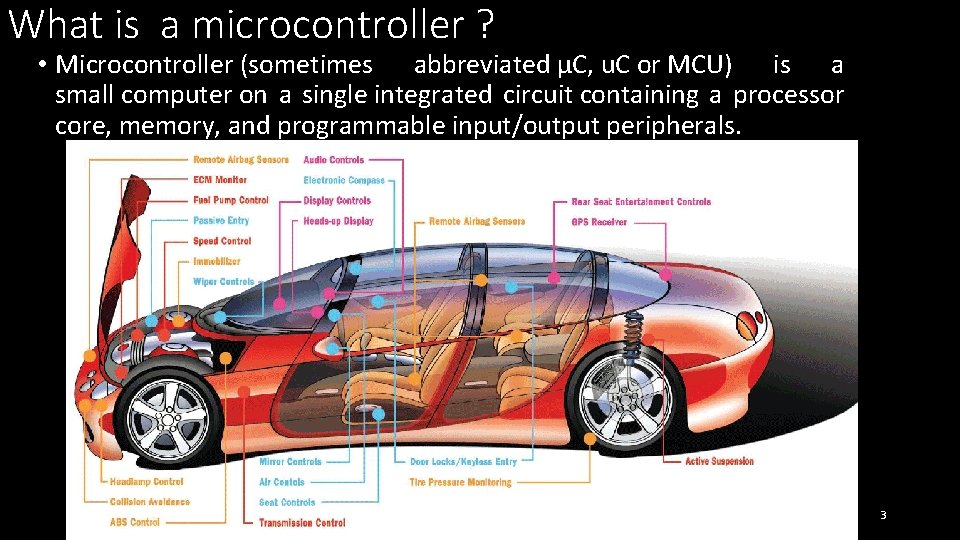 What is a microcontroller ? • Microcontroller (sometimes abbreviated µC, u. C or MCU) What is a microcontroller ? • Microcontroller (sometimes abbreviated µC, u. C or MCU)