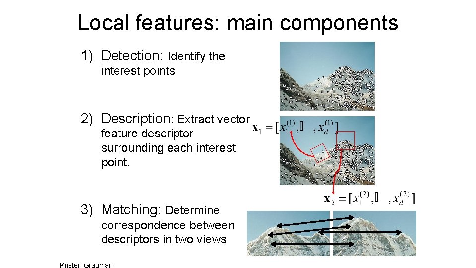 Local features: main components 1) Detection: Identify the interest points 2) Description: Extract vector