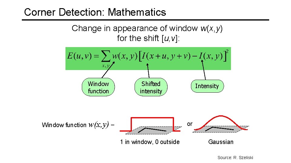 Corner Detection: Mathematics Change in appearance of window w(x, y) for the shift [u,