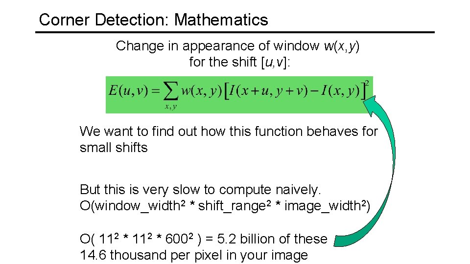 Corner Detection: Mathematics Change in appearance of window w(x, y) for the shift [u,