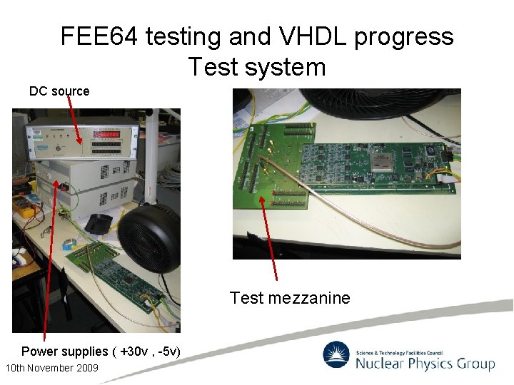 FEE 64 testing and VHDL progress Test system DC source Test mezzanine Power supplies