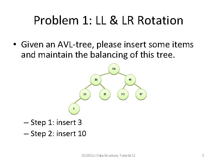 Problem 1: LL & LR Rotation • Given an AVL-tree, please insert some items