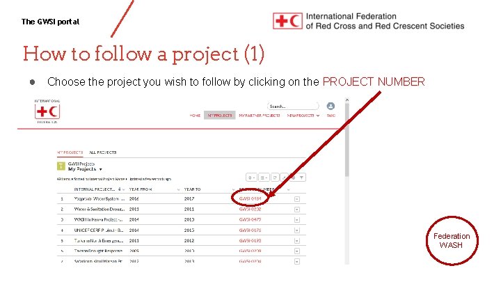 The GWSI portal How to follow a project (1) ● Choose the project you