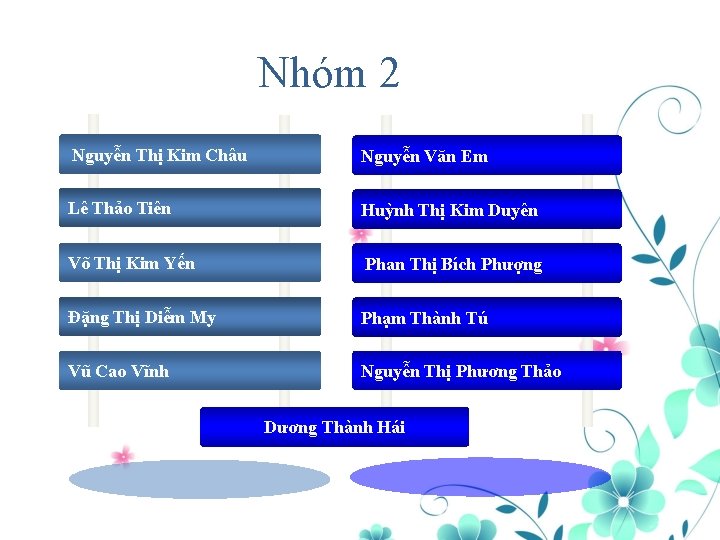 Nhóm 2 Nguyễn Thị Kim Châu Nguyễn Văn Em Lê Thảo Tiên Huỳnh Thị