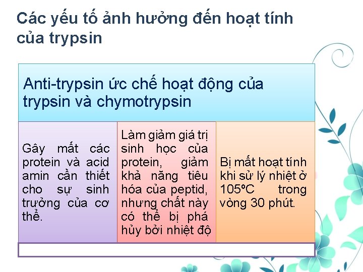 Các yếu tố ảnh hưởng đến hoạt tính của trypsin Anti-trypsin ức chế hoạt