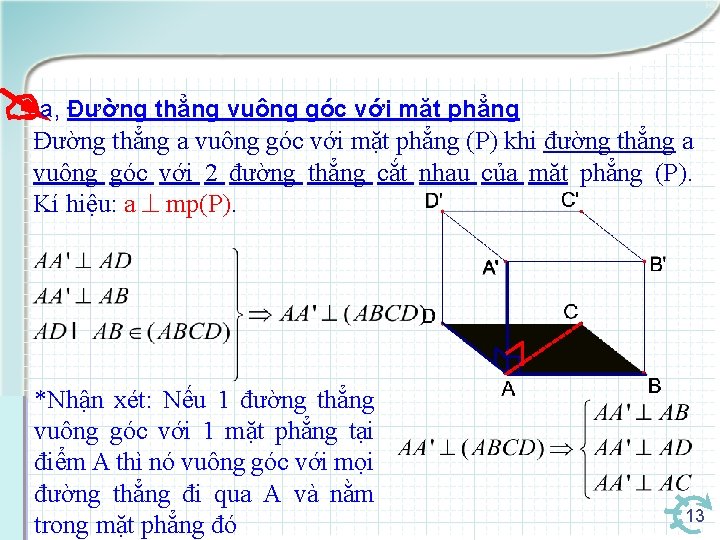  a, Đường thẳng vuông góc với mặt phẳng Đường thẳng a vuông góc