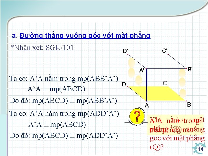 a. Đường thẳng vuông góc với mặt phẳng *Nhận xét: SGK/101 Ta có: A’A