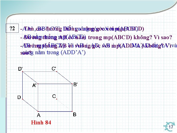 ? 2 -AA’ Tìm, các BB’, đường CC’, DD’ thẳngvuông góc vớivới mp(ABCD) nằmthẳng