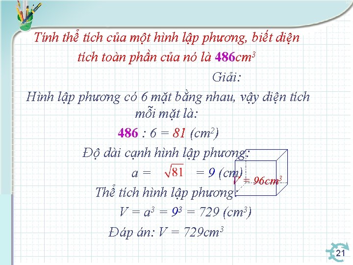 Tính thể tích của một hình lập phương, biết diện tích toàn phần của