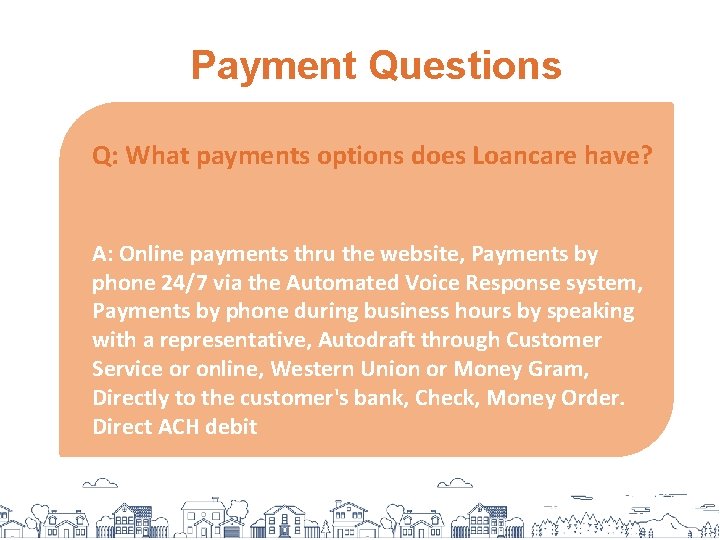 Payment Questions Q: What payments options does Loancare have? A: Online payments thru the