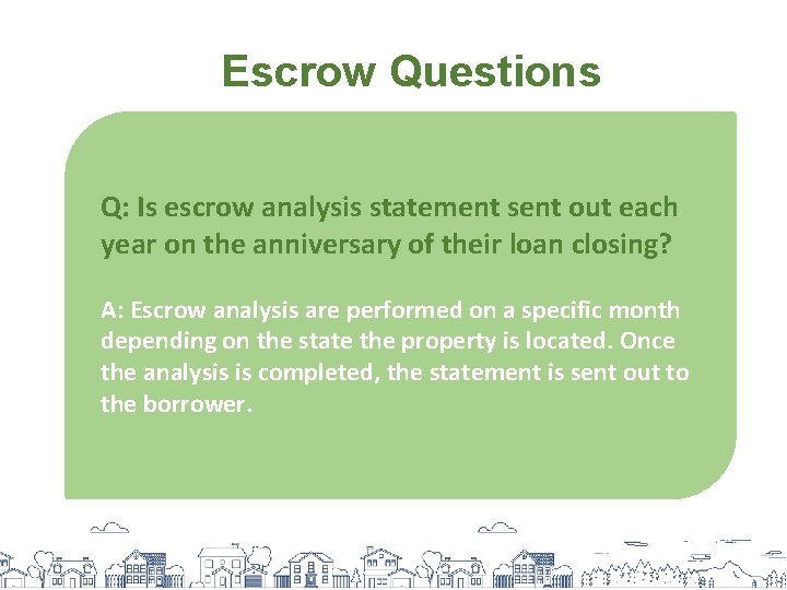 Escrow Questions Q: Is escrow analysis statement sent out each year on the anniversary