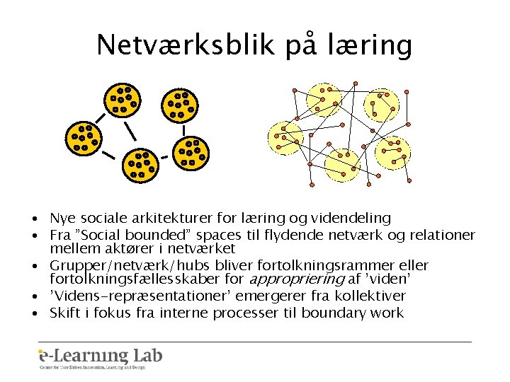 Netværksblik på læring • Nye sociale arkitekturer for læring og videndeling • Fra ”Social