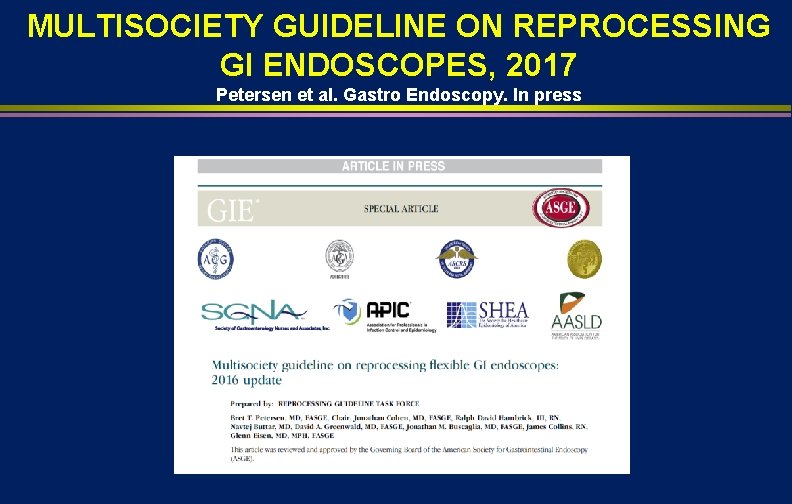 MULTISOCIETY GUIDELINE ON REPROCESSING GI ENDOSCOPES, 2017 Petersen et al. Gastro Endoscopy. In press