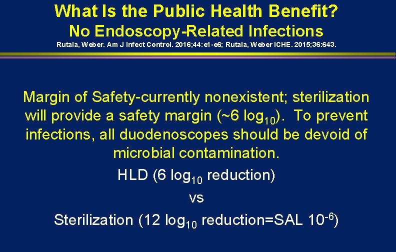 What Is the Public Health Benefit? No Endoscopy-Related Infections Rutala, Weber. Am J Infect