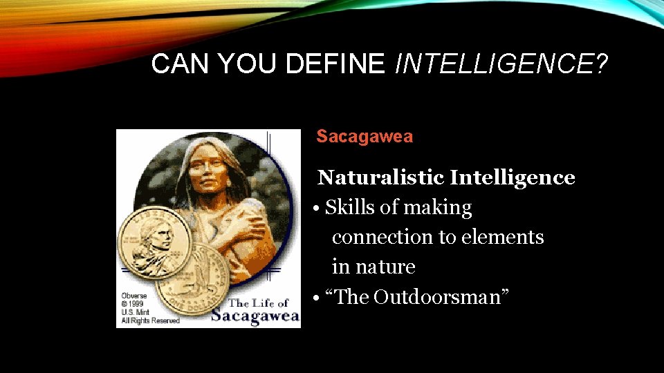 CAN YOU DEFINE INTELLIGENCE? Sacagawea Naturalistic Intelligence • Skills of making connection to elements